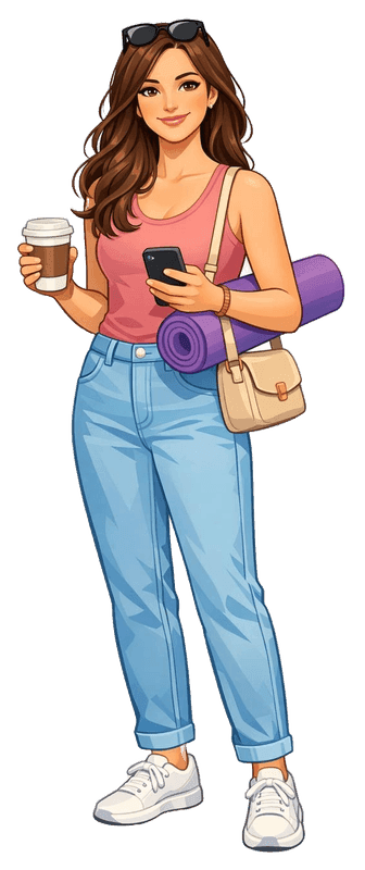 Modern mom with coffee and yoga mat